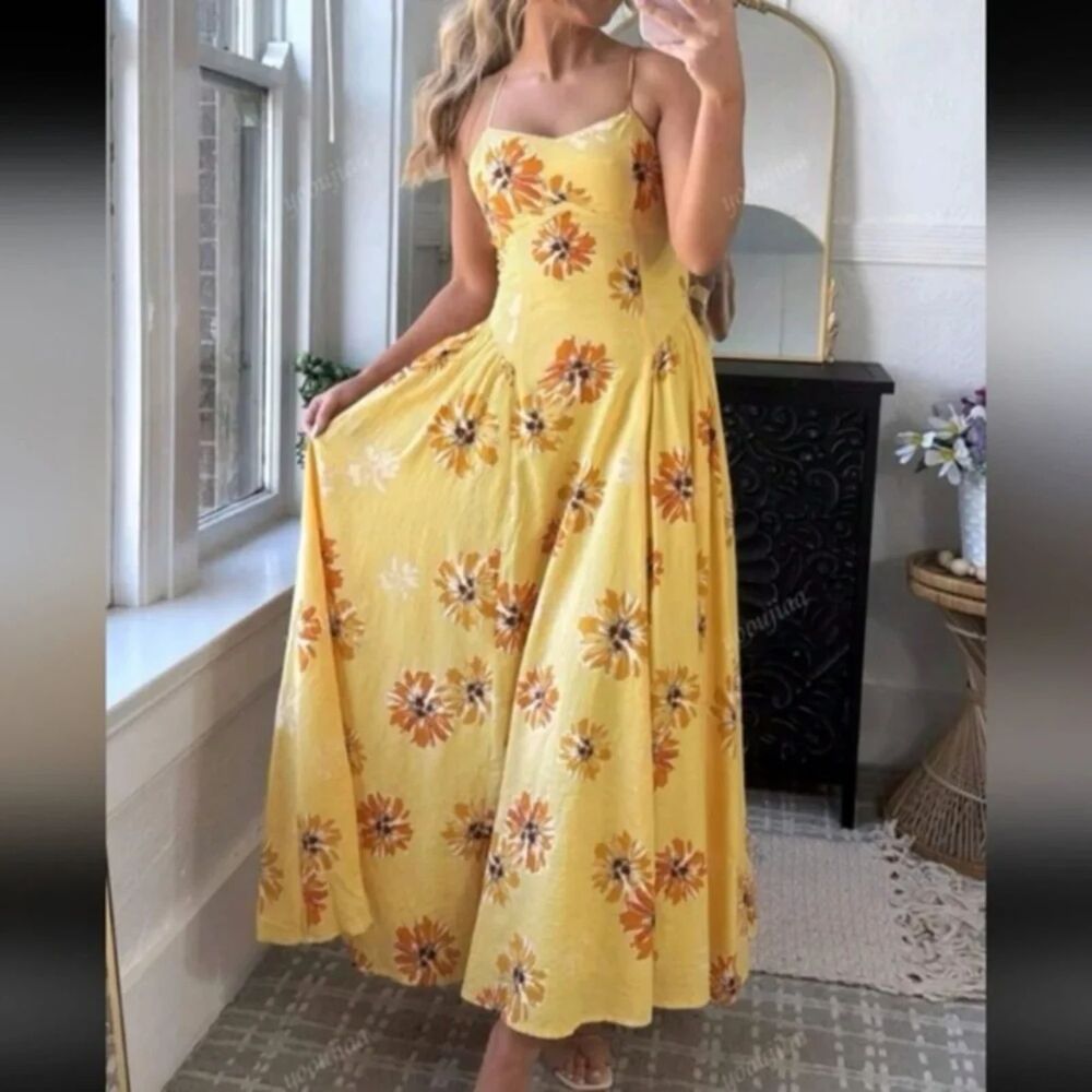 By Together Yellow Floral Maxi Dress Spaghetti Strap Boho. Size M